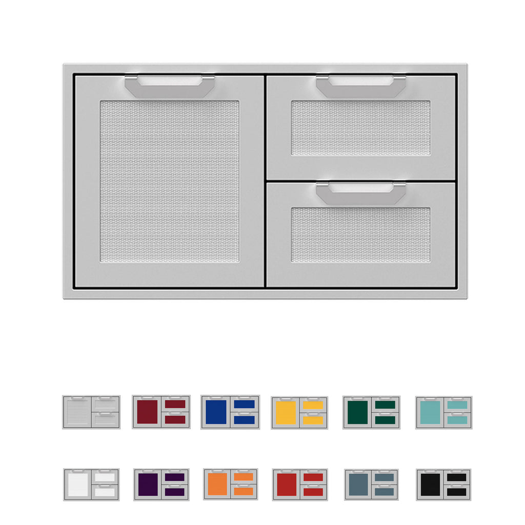 Double drawer storage combo with textured gray door panel and two drawers, two pull handles