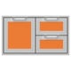 Double drawer storage combo with orange door panel and two orange drawers, two pull handles