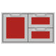 Double drawer storage combo with red door panel and two red drawers, two pull handles