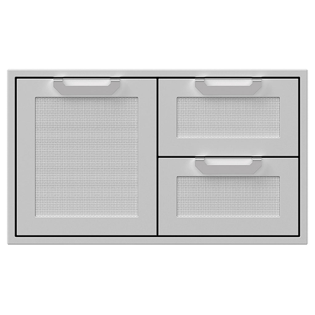 Double drawer storage combo with textured white door panel and two white drawers, two pull handles