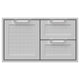 Double drawer storage combo with textured white door panel and two white drawers, two pull handles