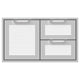 Double drawer storage combo with textured white door panel and two white drawers, two pull handles