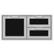 Double drawer and storage door combo with dark panels and silver handles in a gray frame