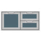 Stainless double drawer storage combo with blue-gray drawer fronts and handles