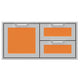 Stainless double drawer storage combo with orange drawer fronts and handles