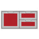 Stainless double drawer storage combo with red drawer fronts and handles