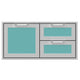 Stainless double drawer storage combo with light teal drawer fronts and handles