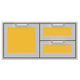 Double drawer and storage door combo with yellow panels and silver handles in a gray frame