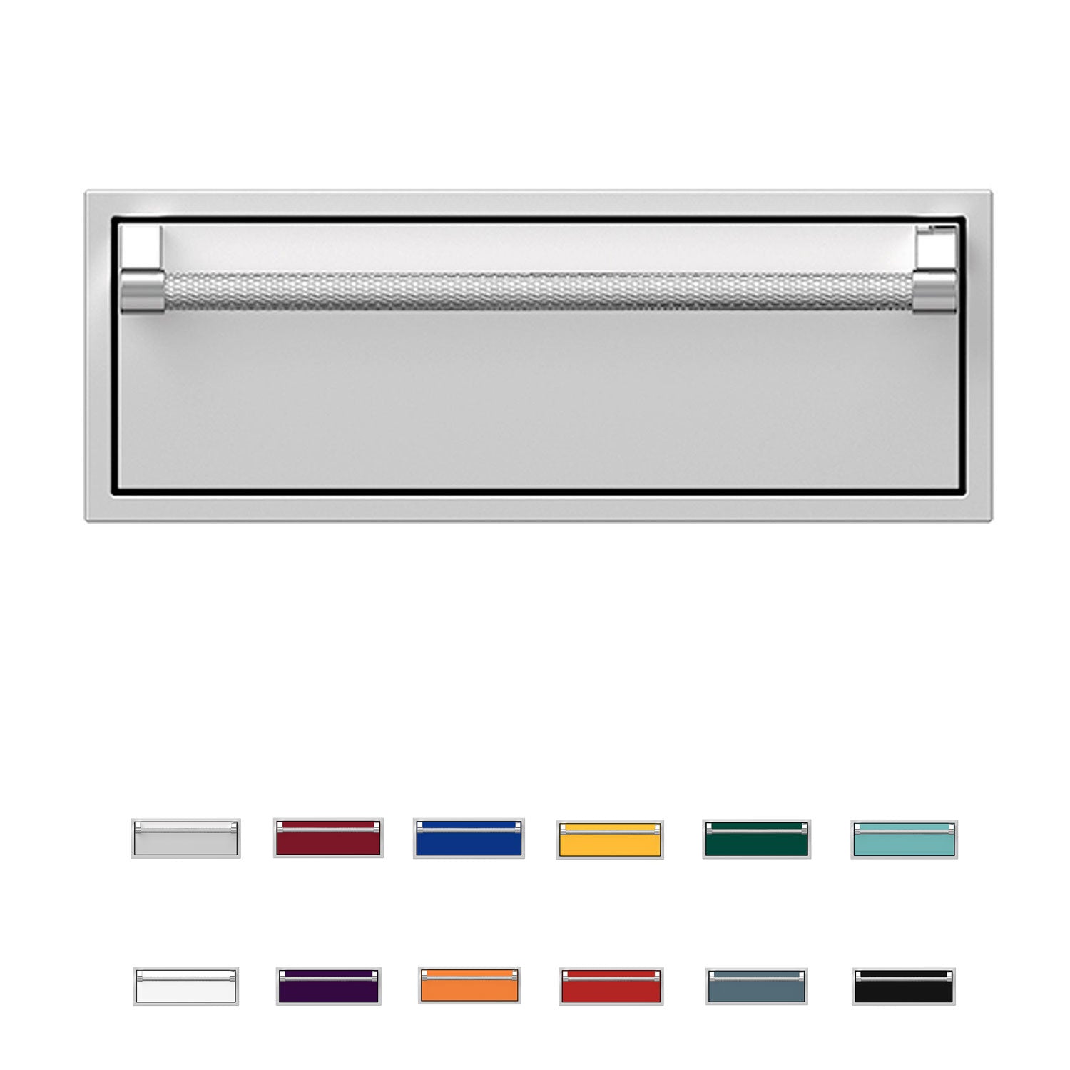 Single storage drawer front in Steeletto light gray with textured silver bar handle