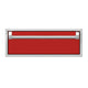 Single storage drawer front in Matador red with textured silver bar handle