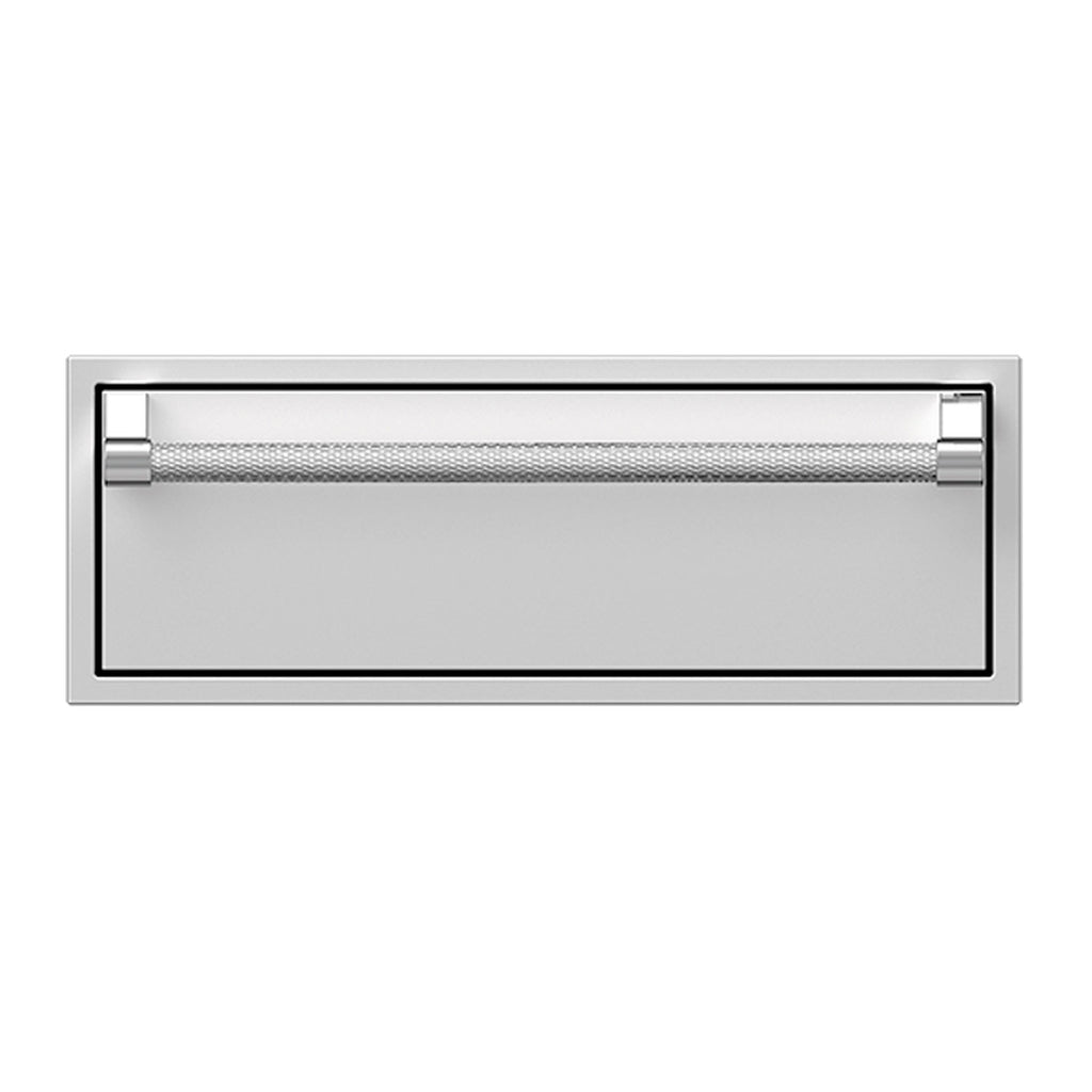 Single storage drawer front in Froth light gray with textured silver bar handle