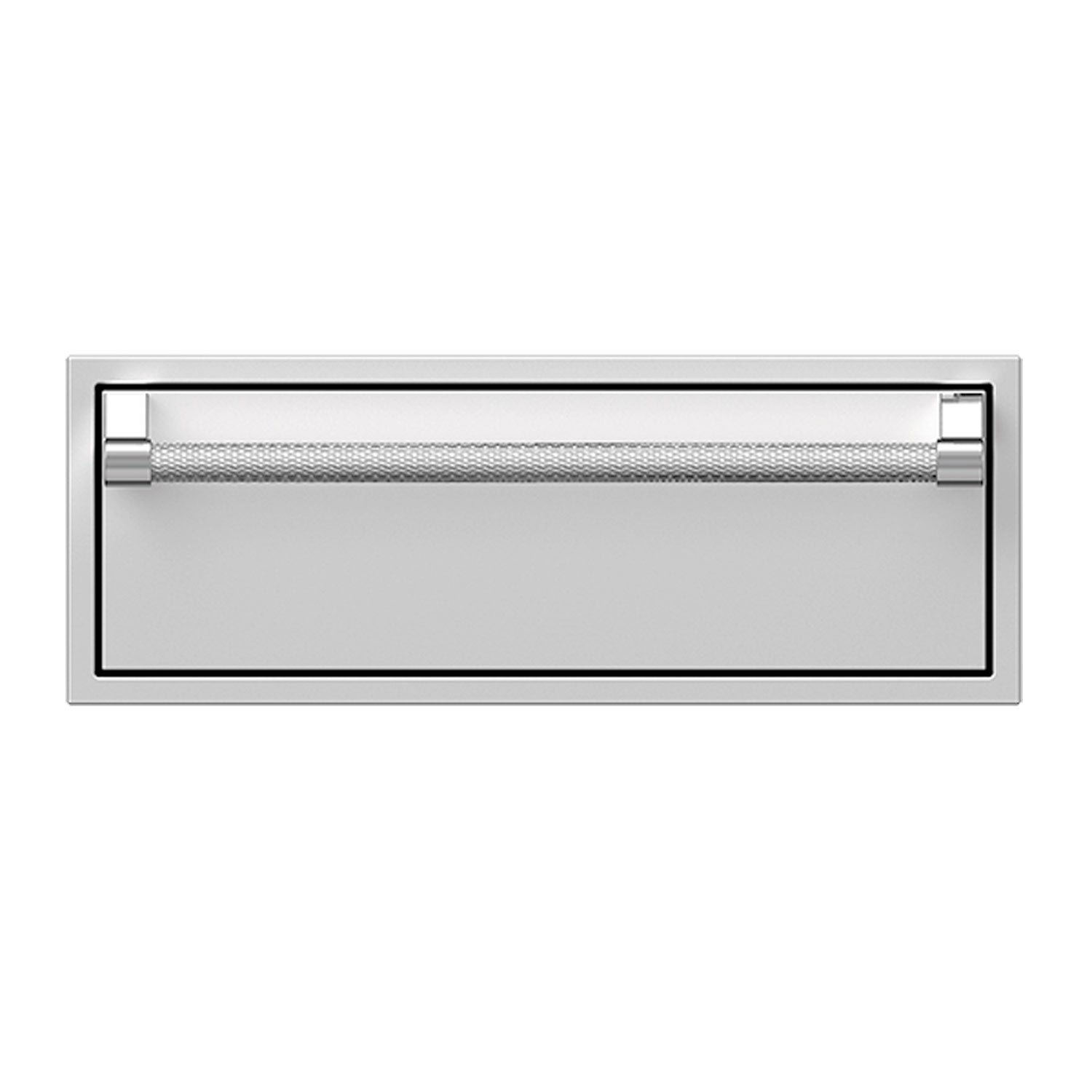 Single storage drawer front in Froth light gray with textured silver bar handle