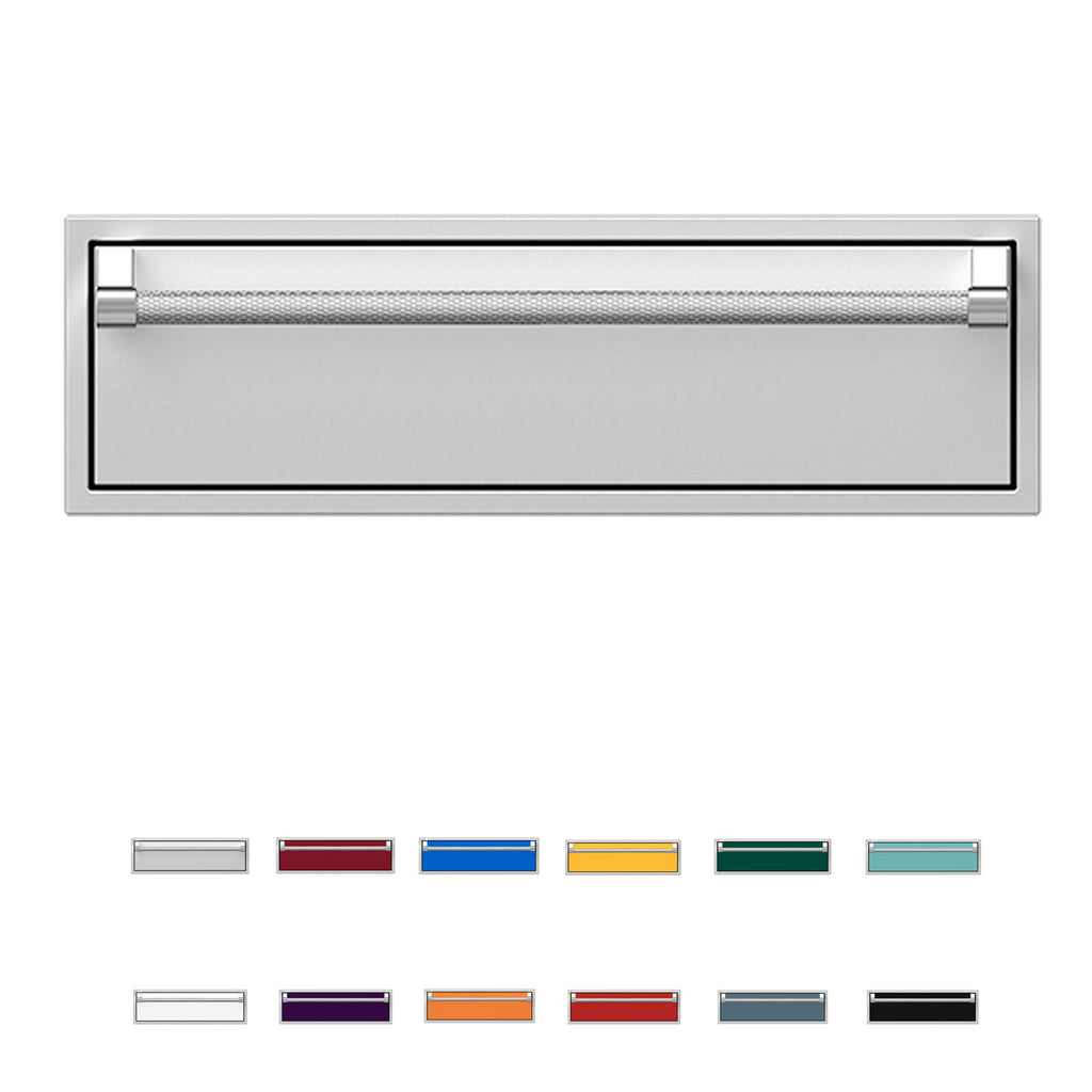 Single storage drawer with light gray front panel and chrome handle rails