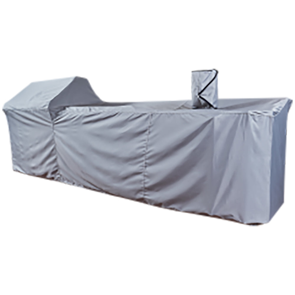 Outdoor living suite fabric cover for bar, light gray with stitched seams and corner folds.