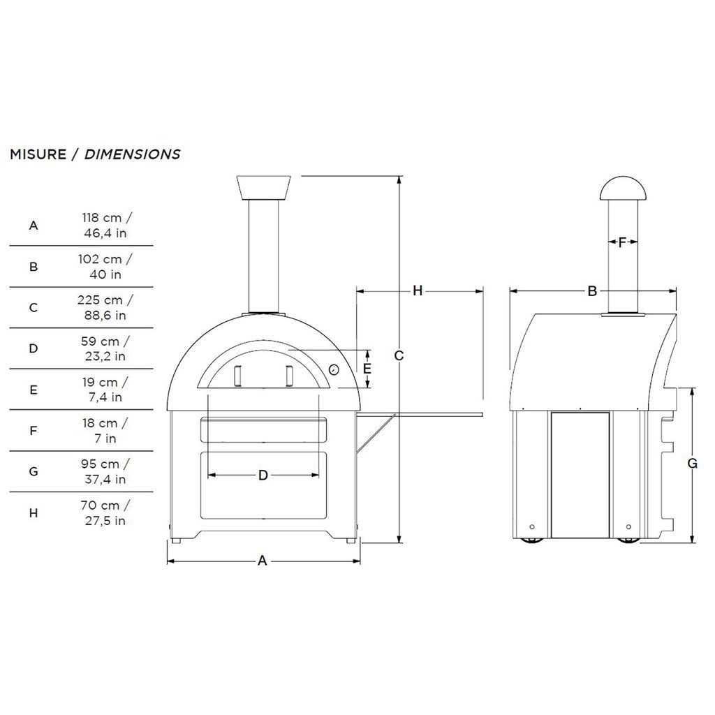 Technical dimensions diagram of a countertop wood-fired pizza oven