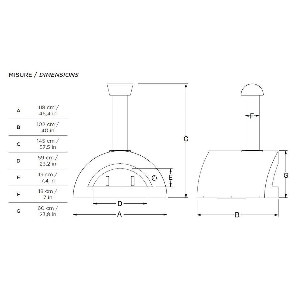 Dimension diagram of a countertop wood-fired pizza oven with front and side views