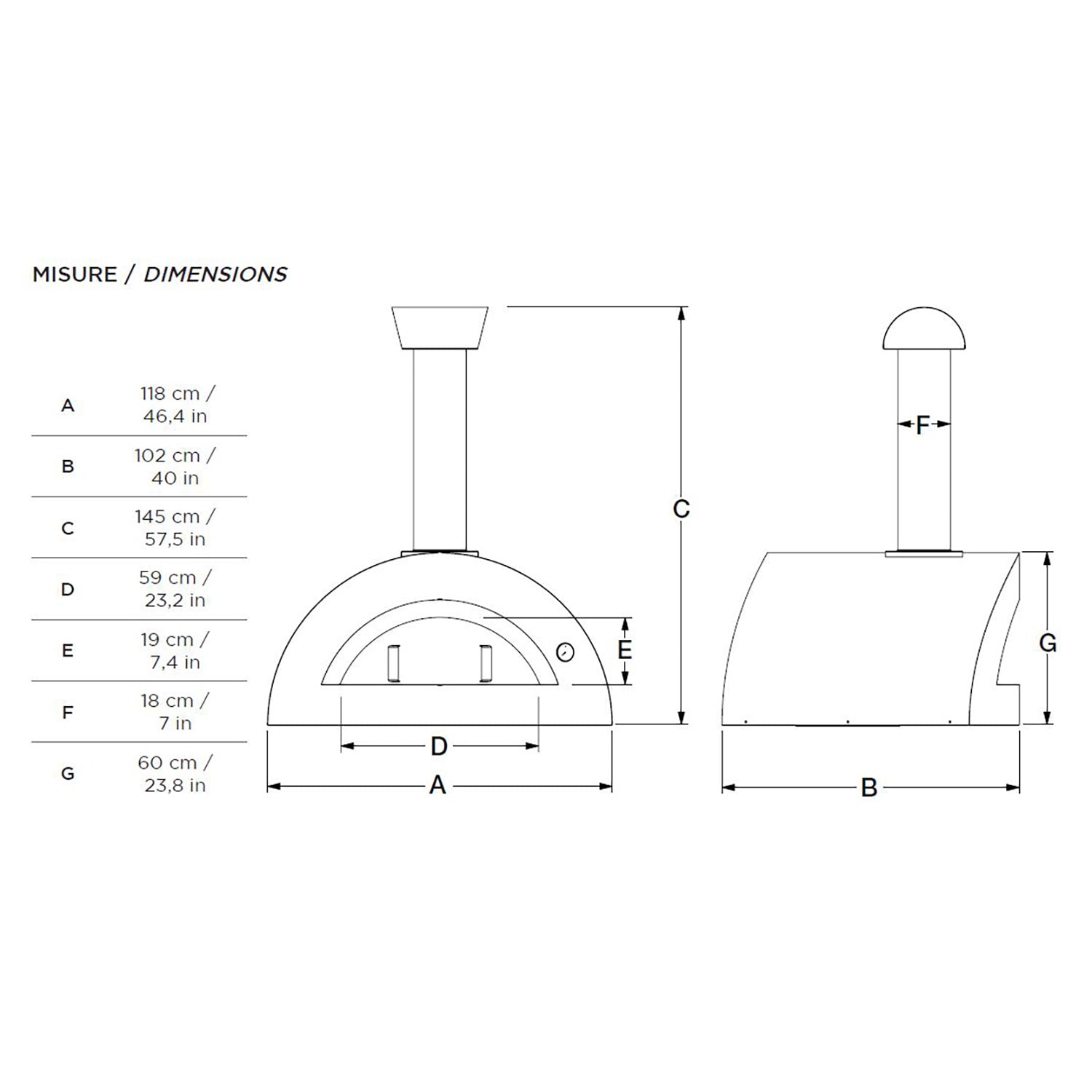 Dimension diagram of a countertop wood-fired pizza oven with front and side views