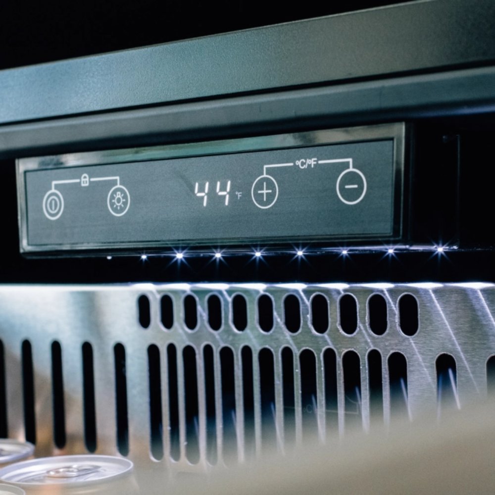 Outdoor-rated ice maker front display and ventilation grille, black panel with icons and settings