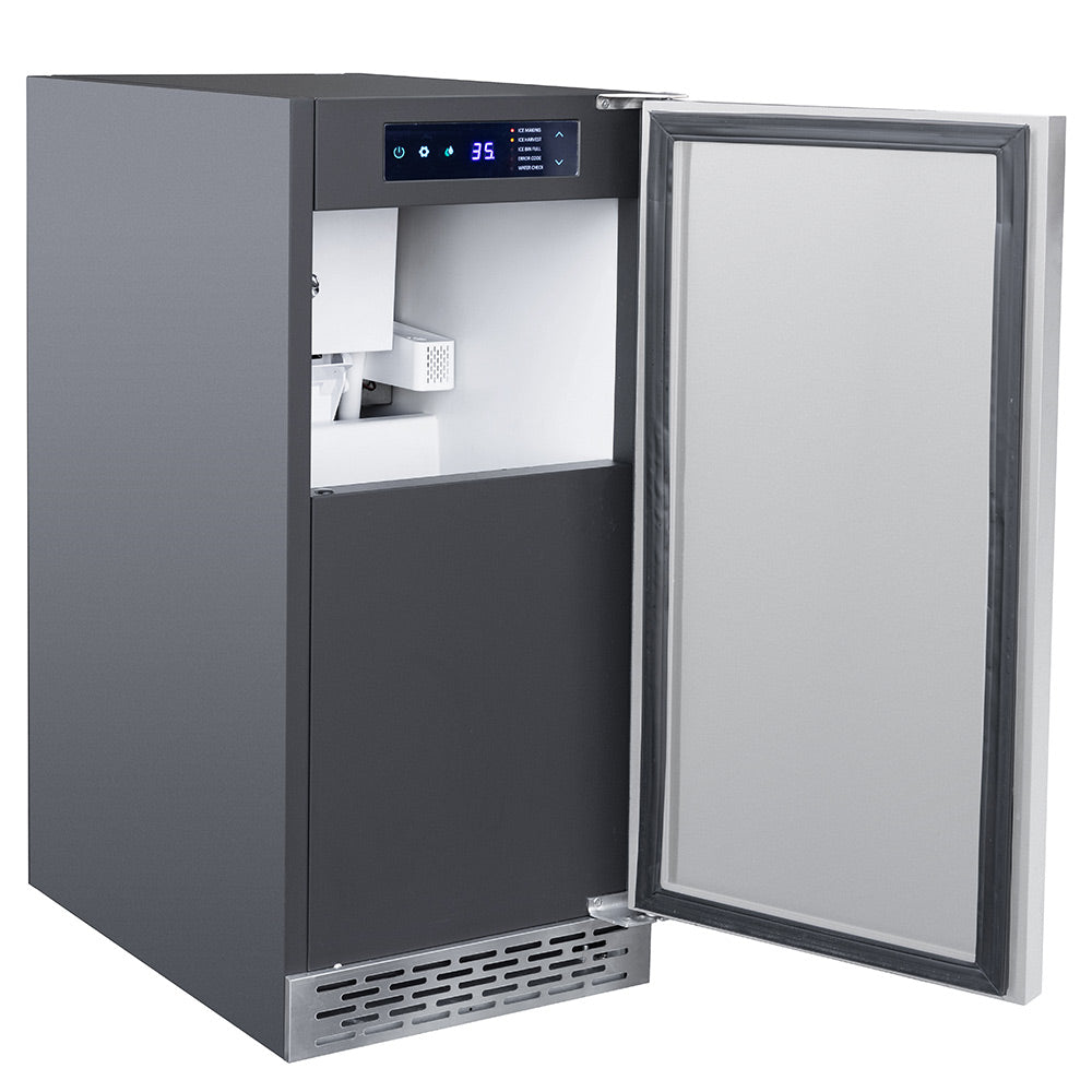 Nugget ice maker with open door and interior ice bin