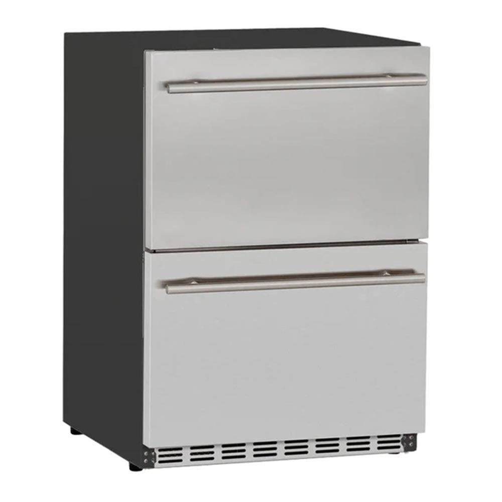 24-inch outdoor two-drawer fridge, white cabinet with dual stainless handle fronts