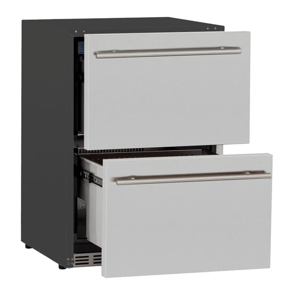 Outdoor fridge with both drawers open, showing metal interior racks and shelves