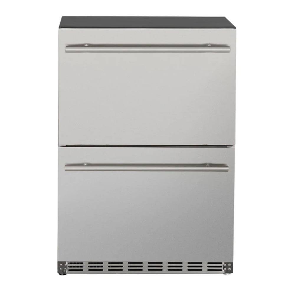 24-inch two-drawer outdoor fridge, white front with two horizontal stainless handles