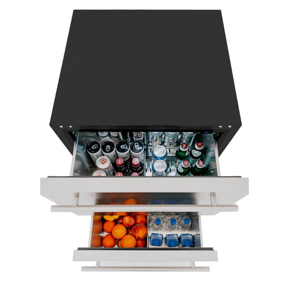 Outdoor-rated fridge with top open, revealing two pull-out drawers with stored items