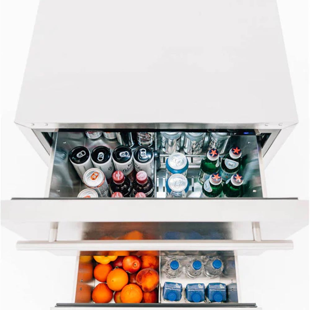 Two-drawer fridge with top open, interior shows drinks and oranges in drawers
