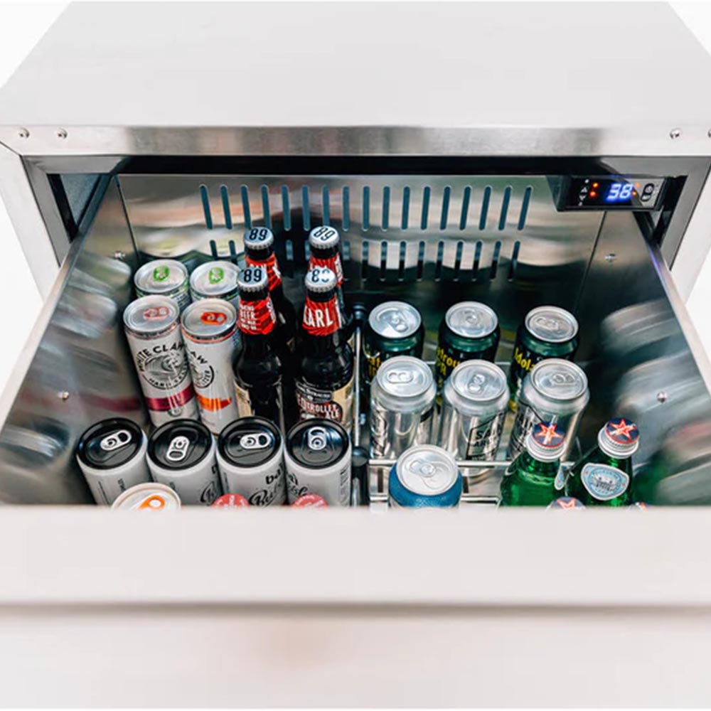 Open fridge drawer with bottles and cans, LED temperature display shows 58°F