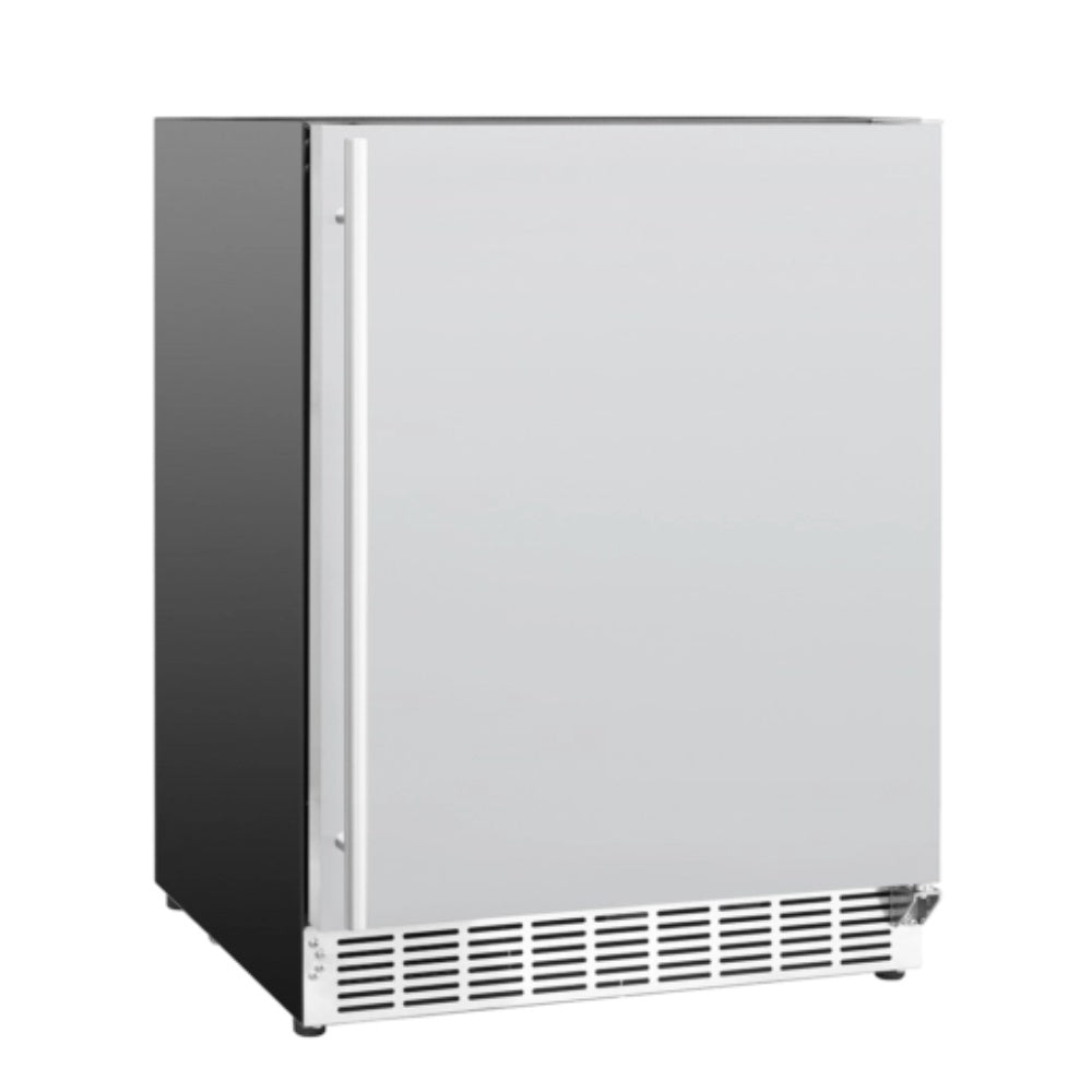 Outdoor-rated refrigerator, stainless handle and black cabinet with vent grille