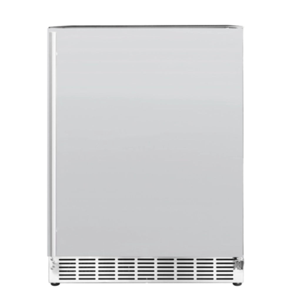 Outdoor-rated refrigerator front, white door with lower vent grille and feet