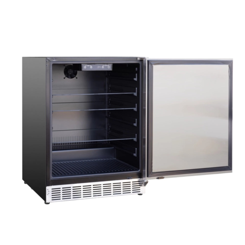 Outdoor-rated refrigerator with open door, interior shelves and wire rack floor