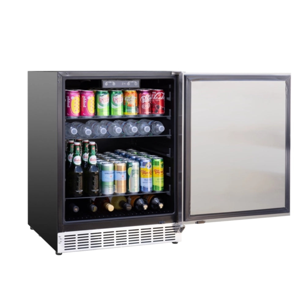 Outdoor-rated refrigerator with open door, drinks on shelves and interior light