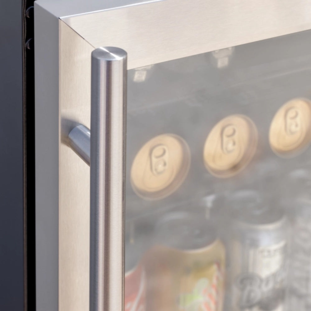 Refrigerator door handle and smooth glass panel, close-up
