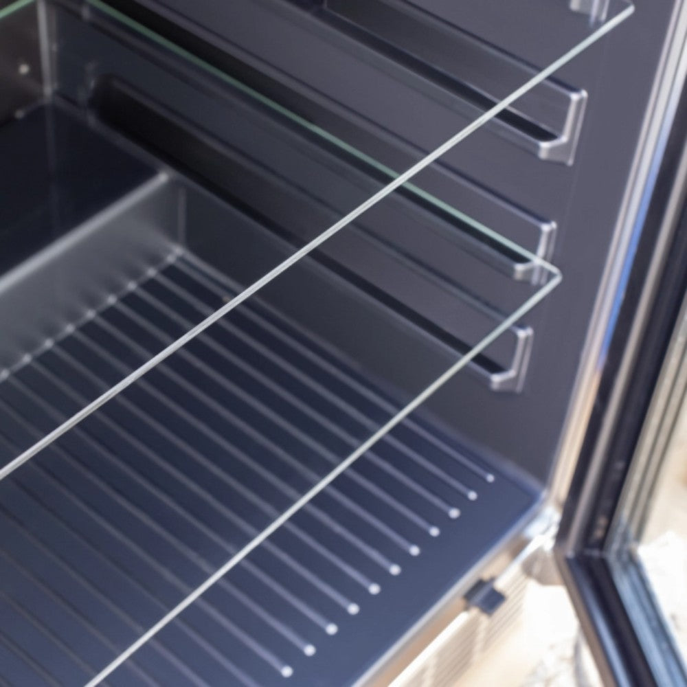 Refrigerator interior shelf with metal rails and wire rack surface