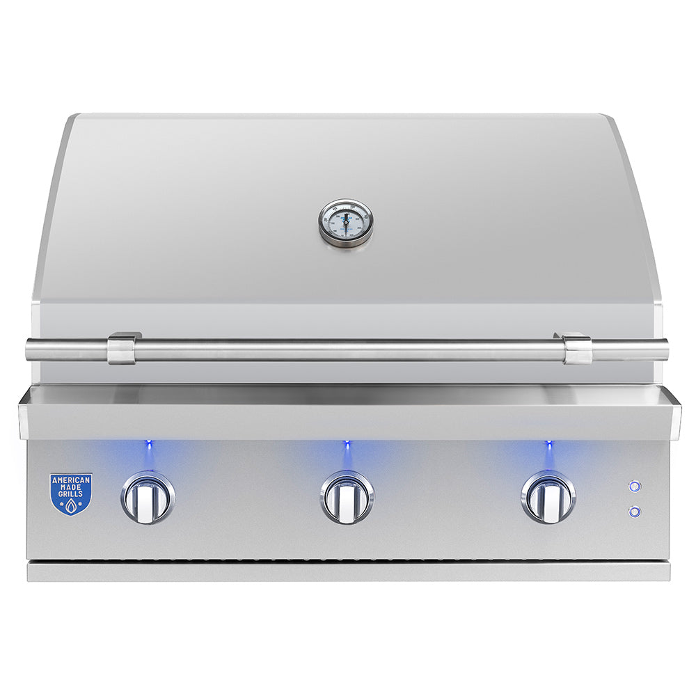 36-inch built-in gas grill with closed lid and control gauge on top