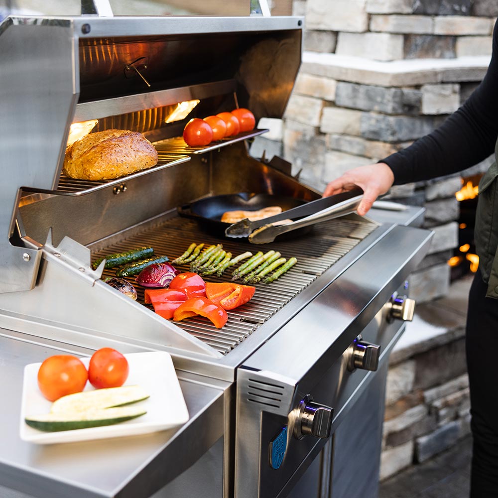 36-inch built-in gas grill open cooking with vegetables and chicken on grates
