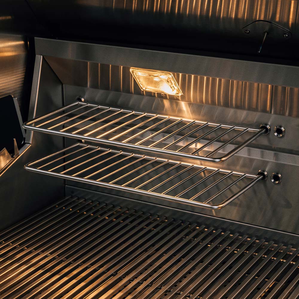 36-inch built-in gas grill open with stacked stainless cooking grates