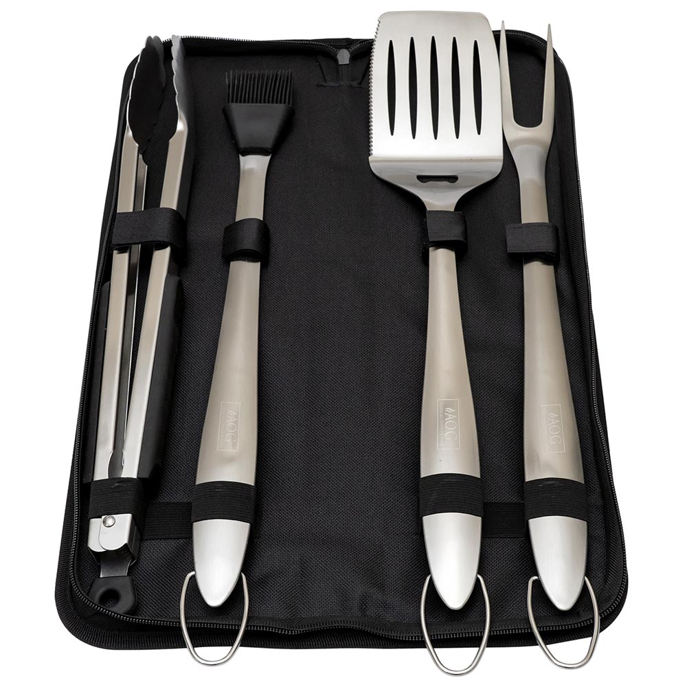 Stainless steel grilling tool set with fork and spatula in black zippered case