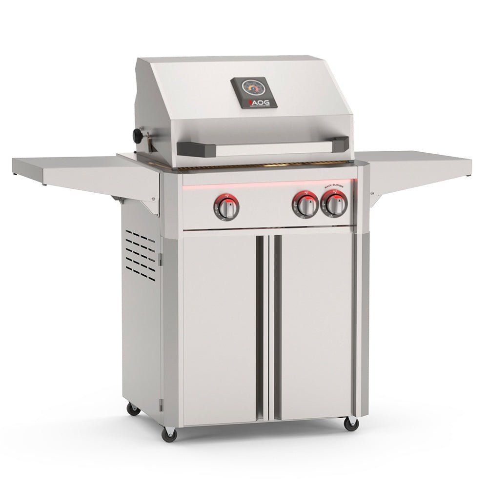 Freestanding gas grill with closed lid, side shelves, thermometer, and three knobs