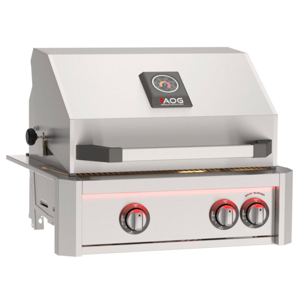 24-inch built-in gas grill front view with red control knobs