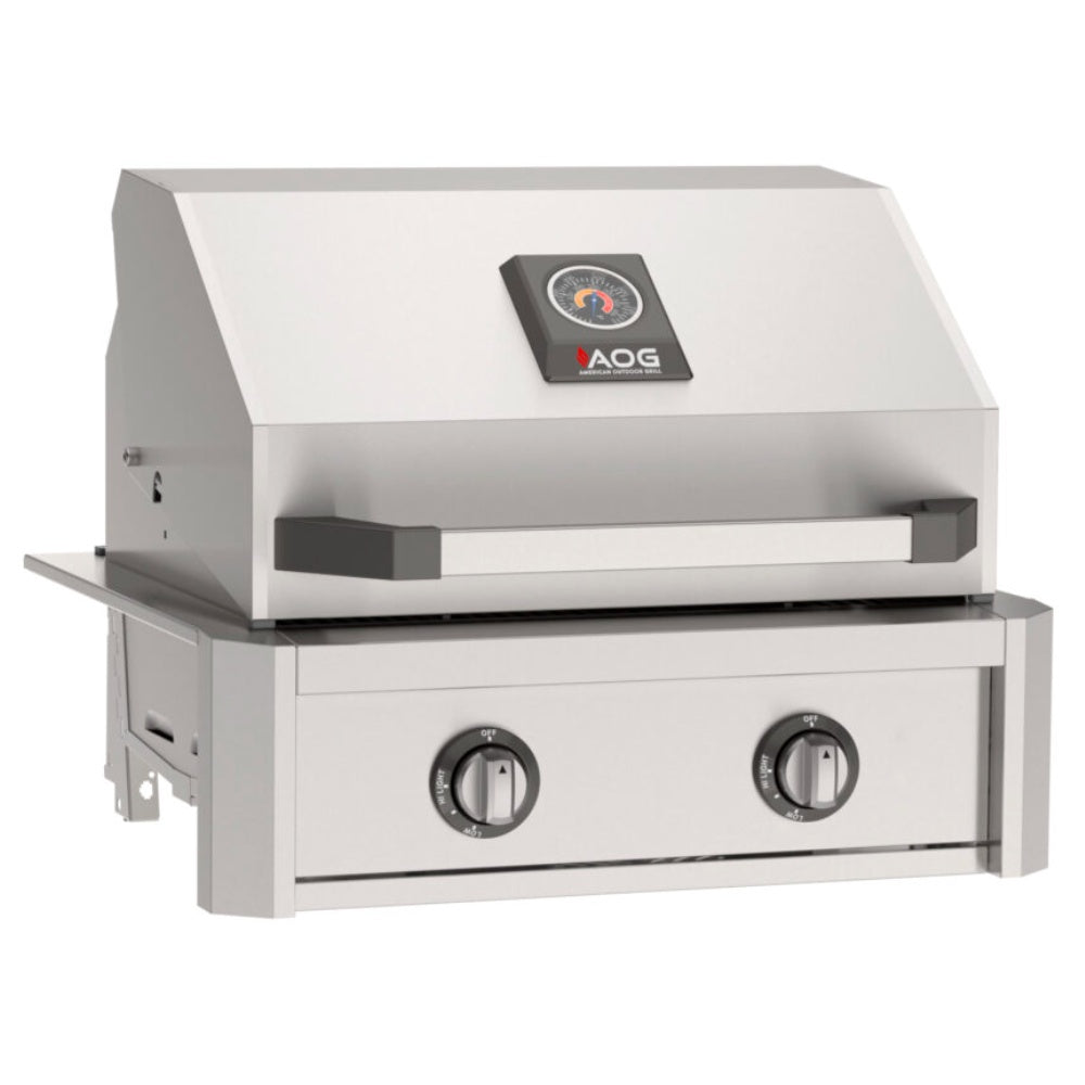 Built-in gas grill with stainless steel body, lid, and two front control knobs
