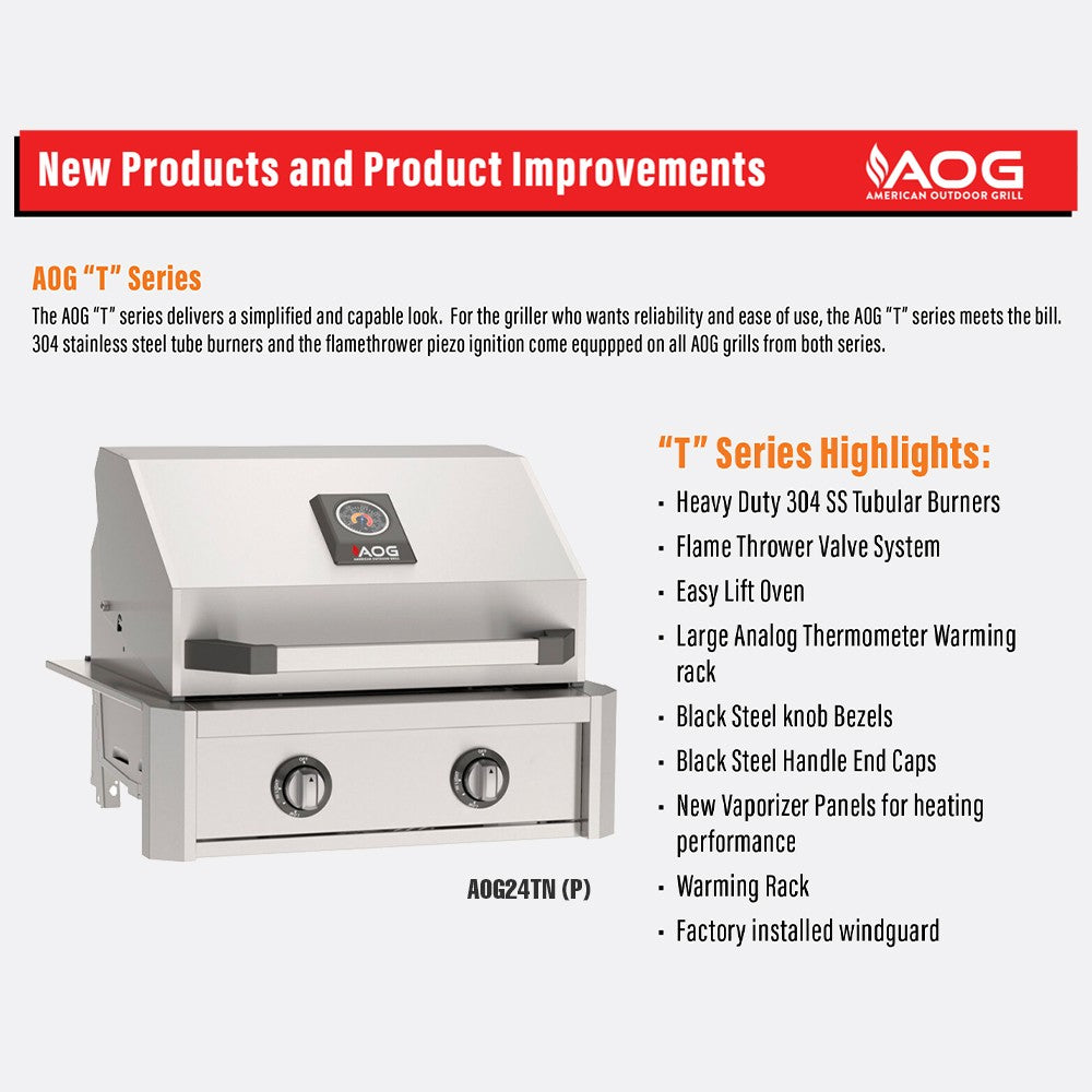AOG T-Series grill features graphic with product photo and bullet highlights