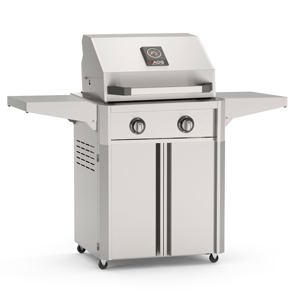 Freestanding gas grill with side shelves, stainless lid, and caster wheels