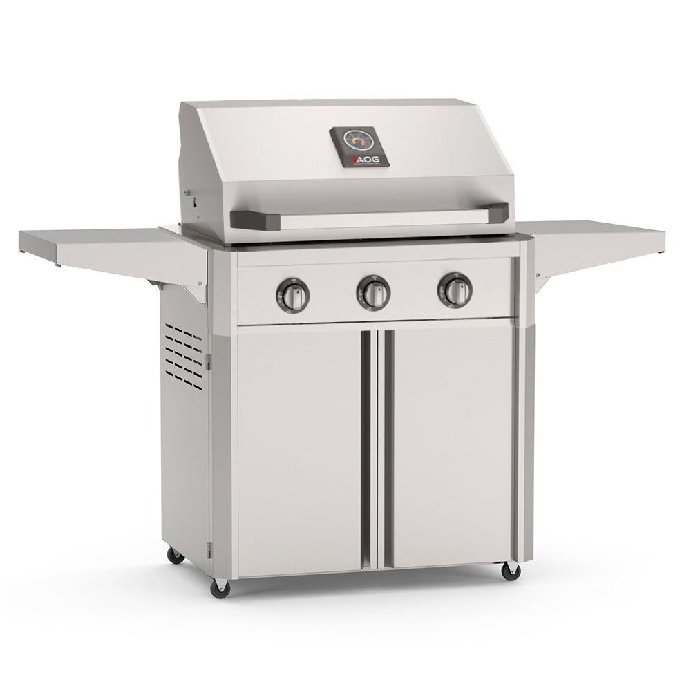 30-inch freestanding gas grill with three front control knobs and side shelves