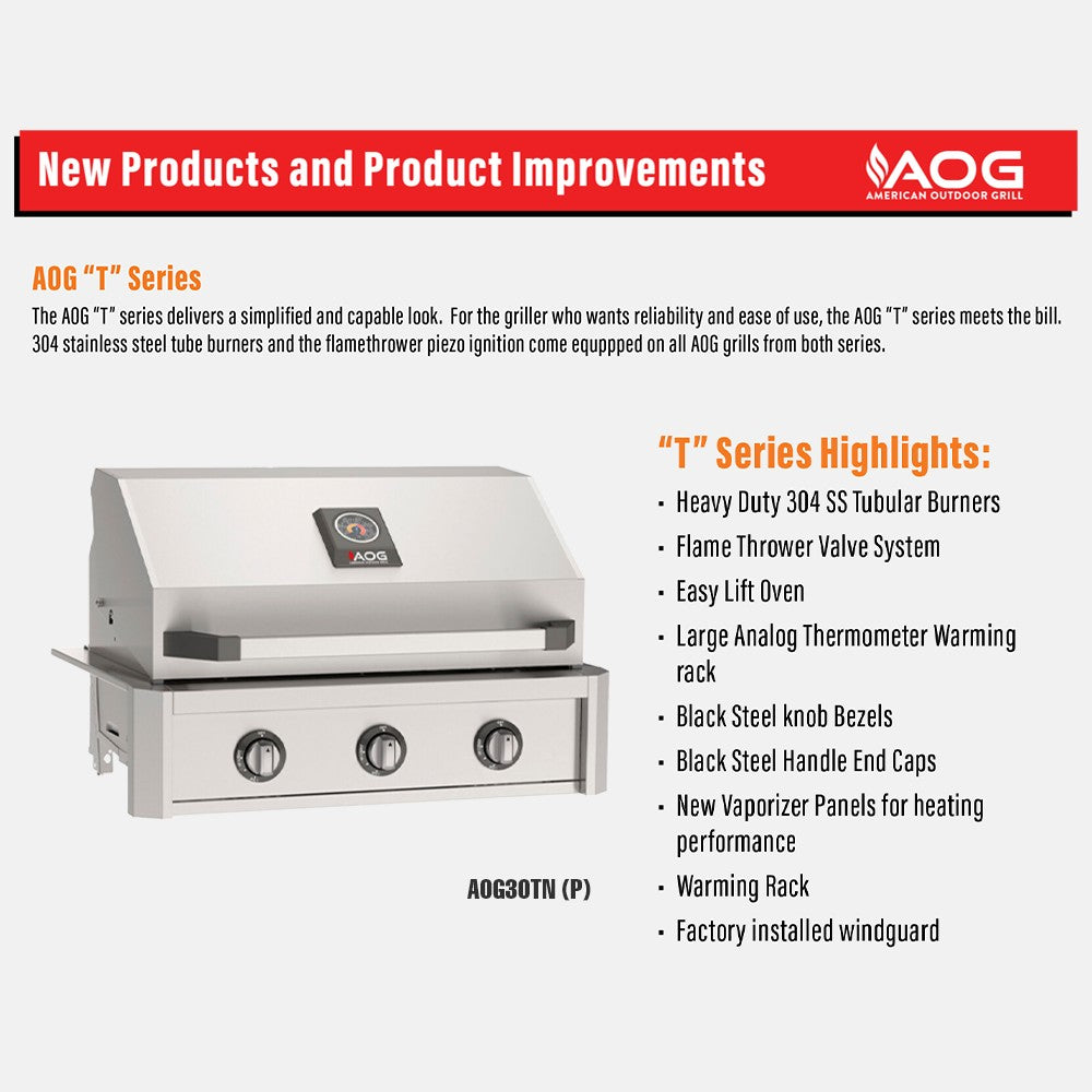 Freestanding gas grill front view with hood, three knobs, and warming rack