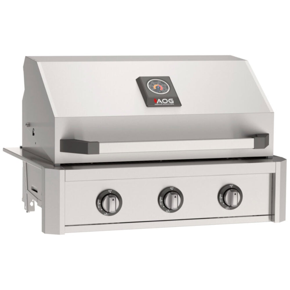 Built-in gas grill with stainless hood, three control knobs, and side mounting brackets