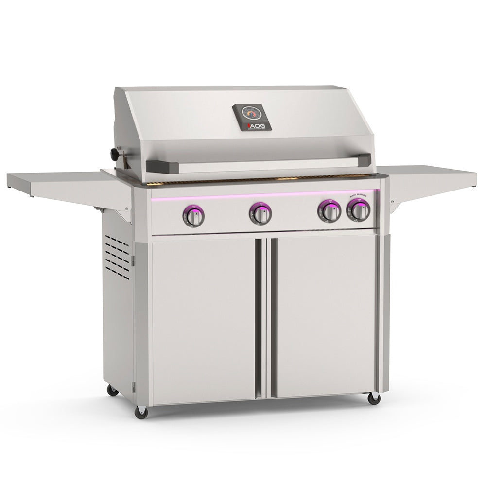 Freestanding stainless gas grill with four control knobs and side shelf, front view.