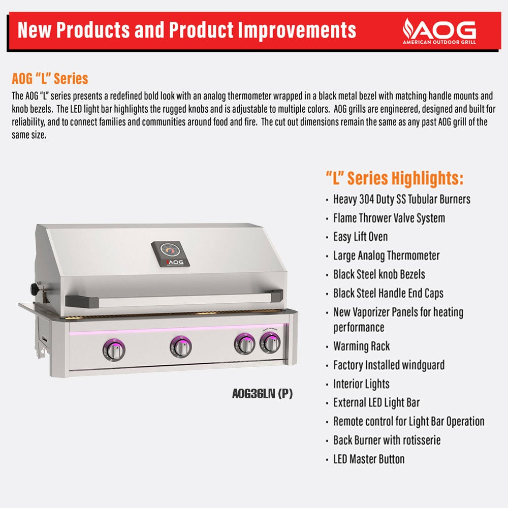 Freestanding gas grill front with four purple knob controls and side shelf.