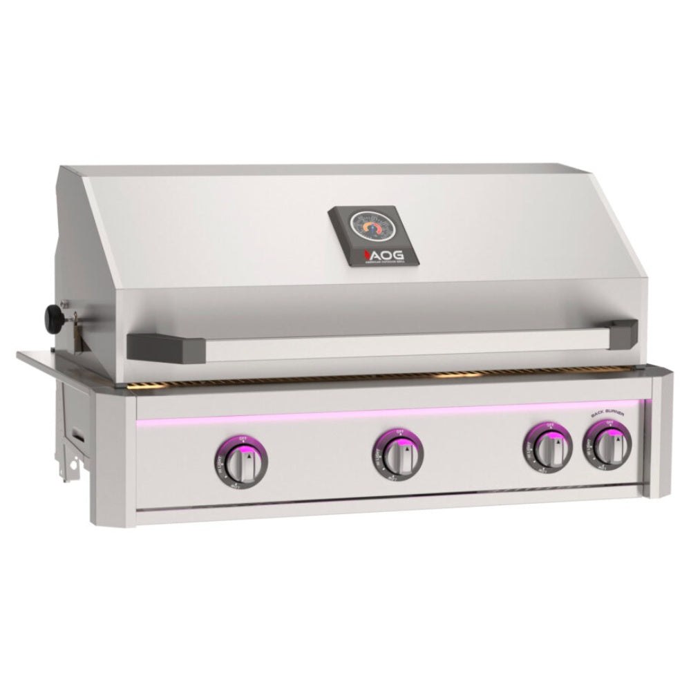 Stainless steel built-in gas grill front view with four knobs and AOG badge